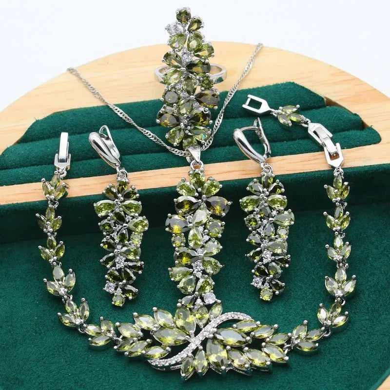 Complete retro floral jewellery set with copper zircon necklace, bracelet, earrings and ring in olive, purple or colourful finish