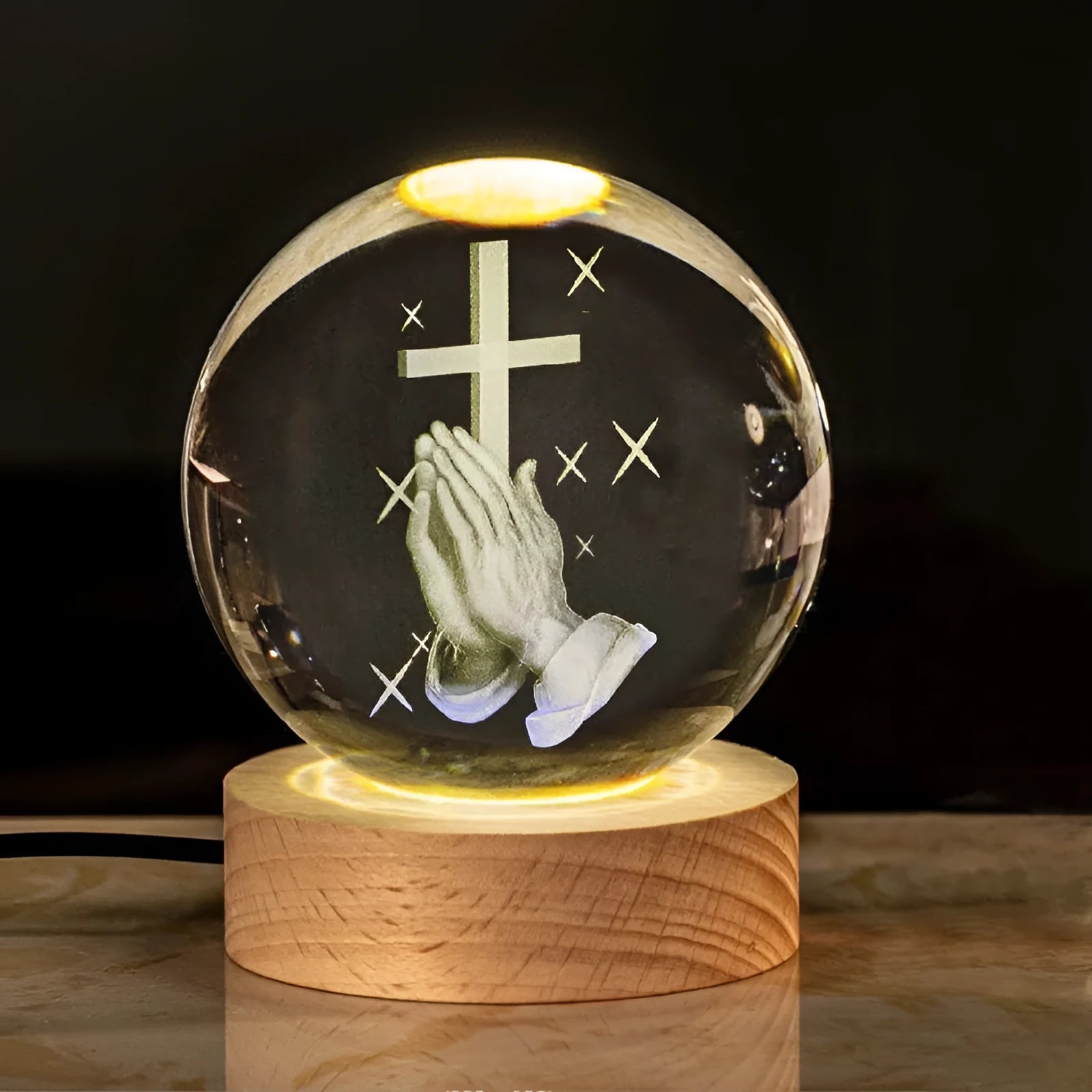 White crystal lamp with 6cm diameter ball on solid wood warm light base for church office decoration