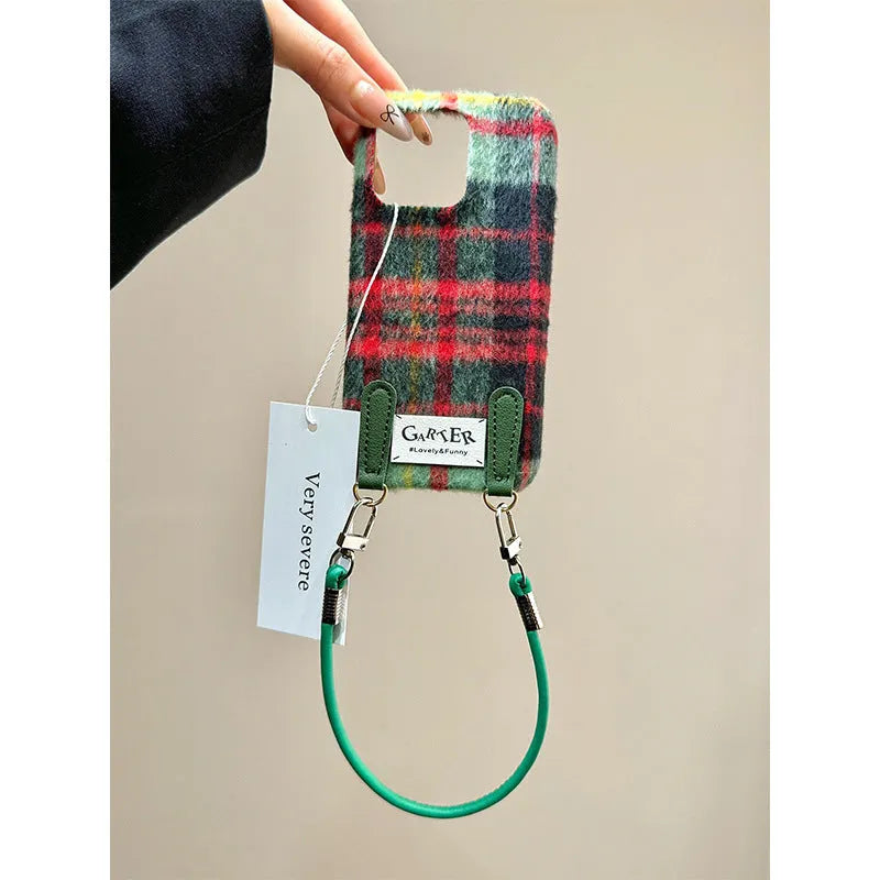 Flannel contrast colour check phone case with wristband in green pattern for iPhone 14