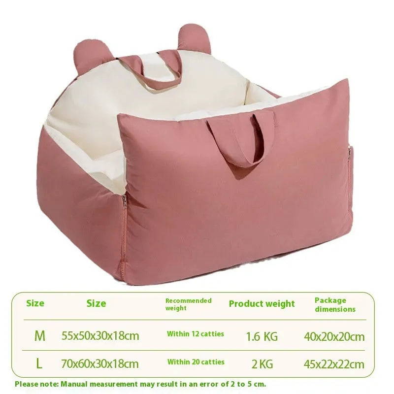 Removable and washable dog car kennel in beige, showing medium and large size options.