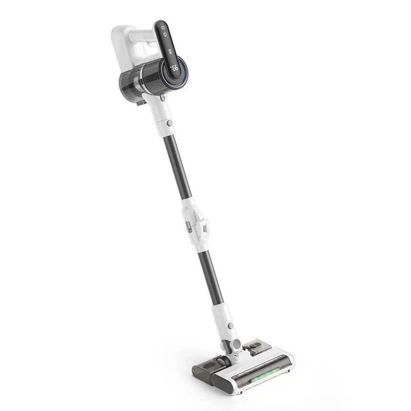 Light gray wireless handheld folding tube vacuum cleaner with LED light on a hard floor