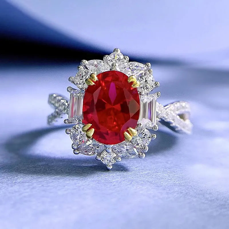 Silver oval pigeon egg surround setting ring for women, red electroplated, camellia detail, sizes No 5-9