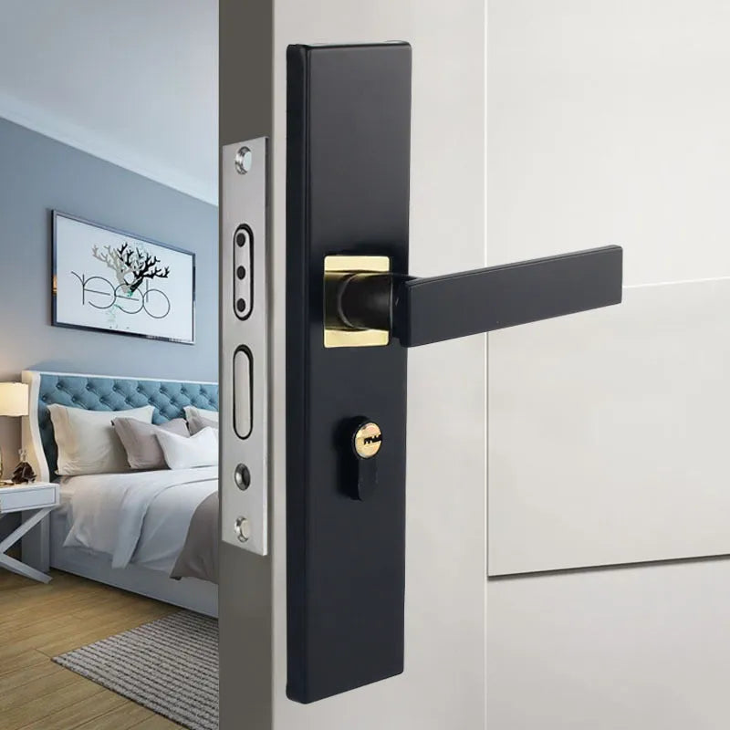 Aluminium split magnetic door lock handle for timber doors in black and silver finish.