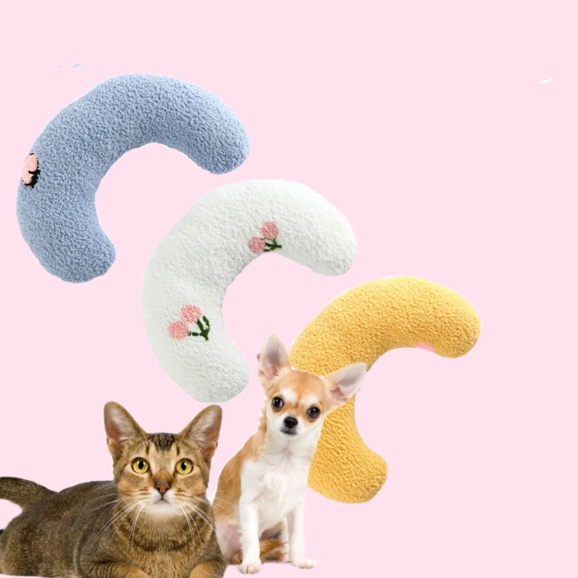 Small half-donut shaped plush pet pillow in blue, showing U-shaped design for cat or small dog neck support.