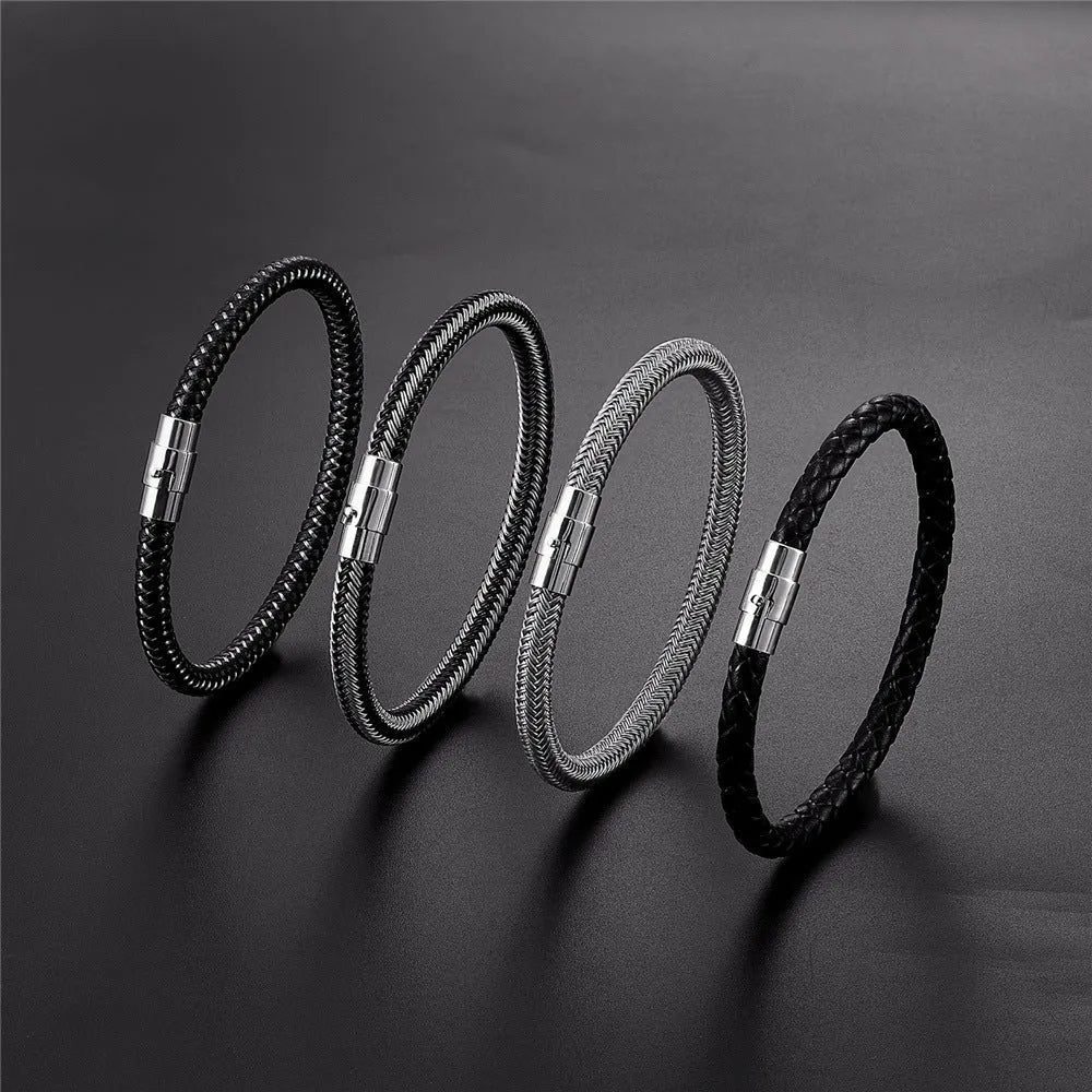 Geometric titanium steel bracelet with a magnetic clasp, shown in a unisex style.