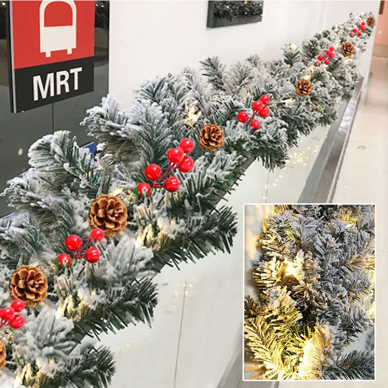 White snow flocked rattan Christmas garland draped decoratively with PVC construction
