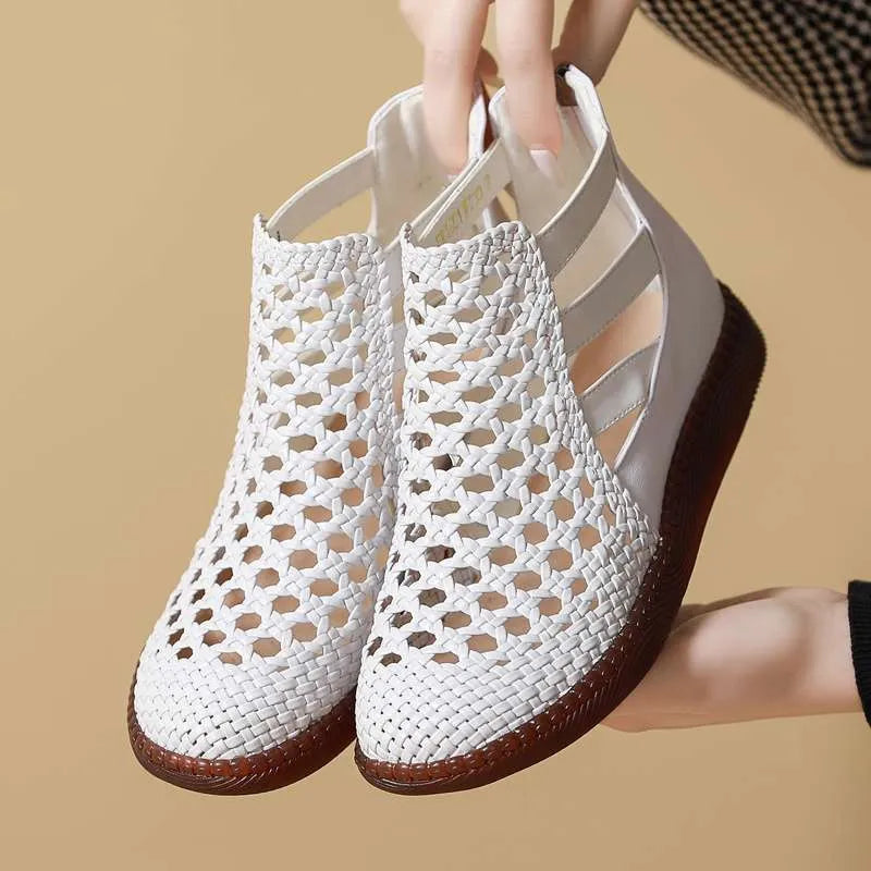 Flat soft-soled comfort sandals in gold with hollow-out PU upper and TPR sole