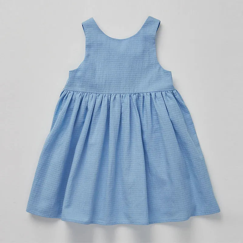 Girls cotton sleeveless dress solid colour princess style blue white 90-130cm