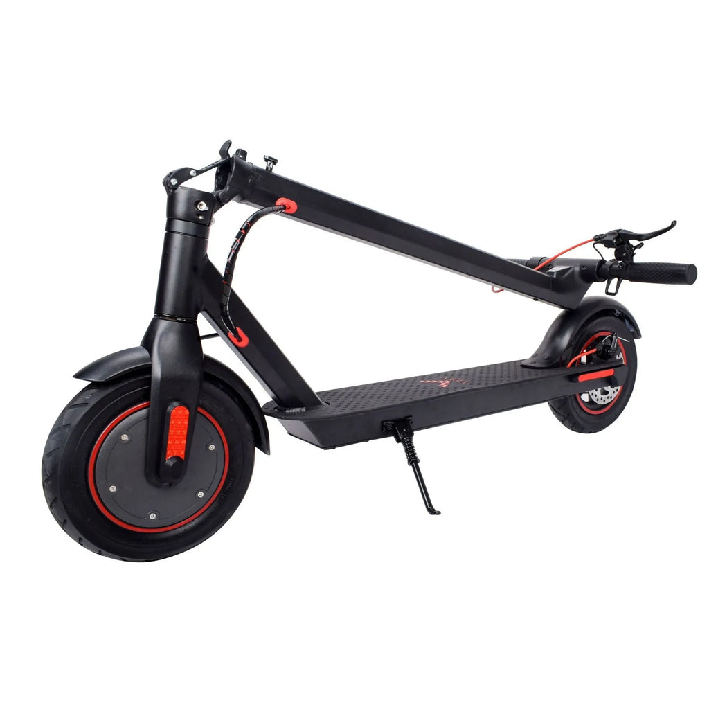Black aluminum alloy electric folding scooter with 10-inch tyres and dual brakes on a plain background