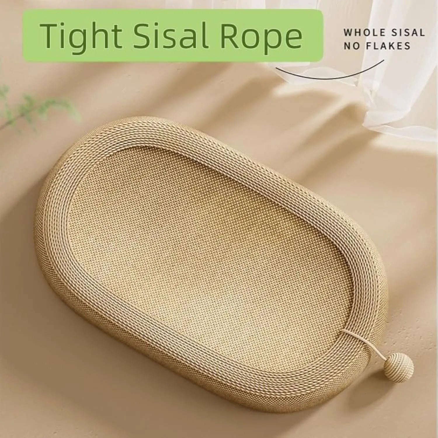 Large natural sisal fibre cat scratching board with a raised lounging platform in a beige colour.