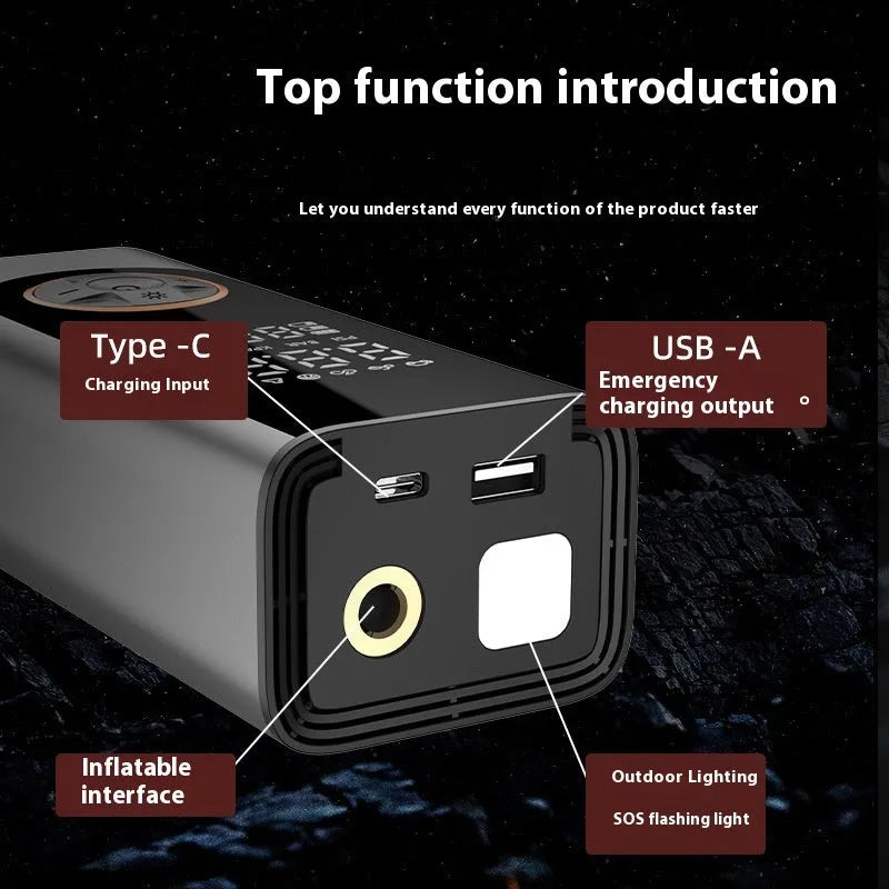 Wireless intelligent aluminium alloy car tyre inflator in black with LED gauge and warning light on a dark background