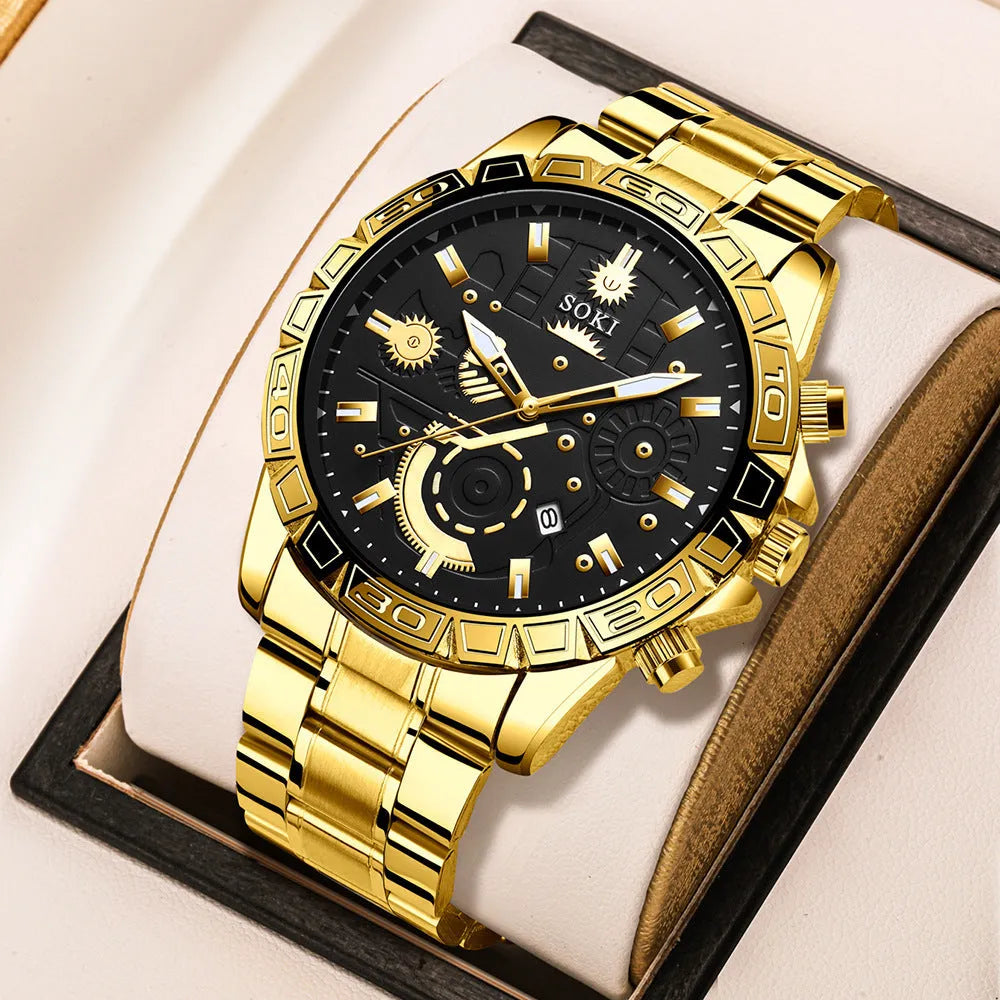 Gold-coloured men's stainless steel business quartz watch with calendar display
