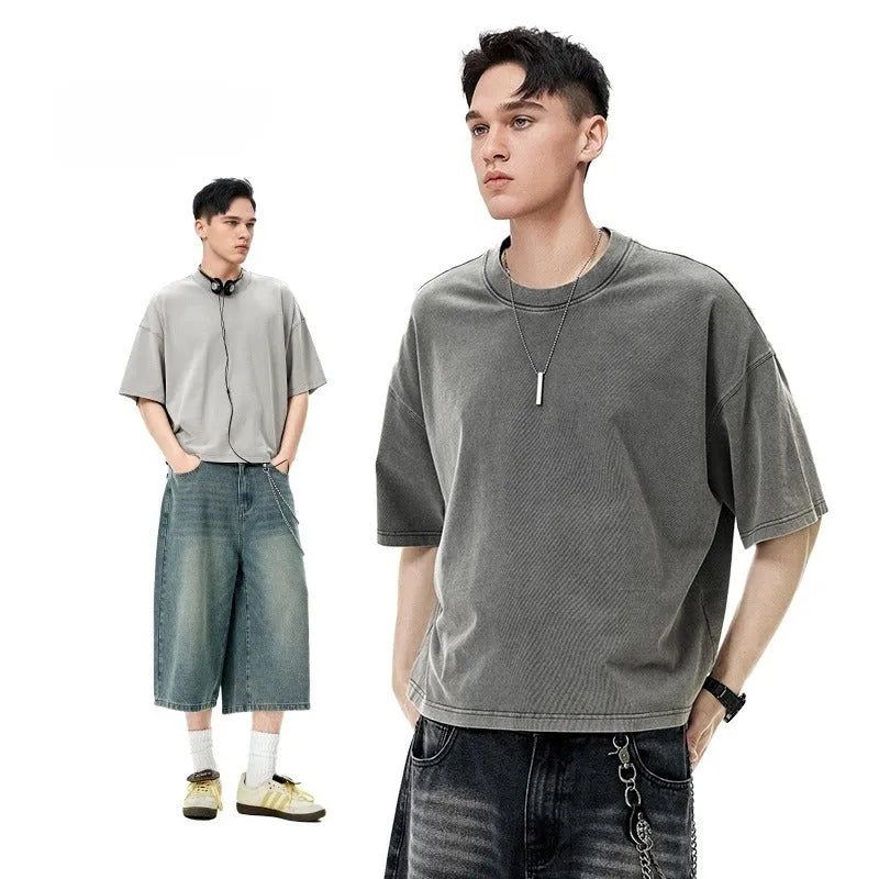Men's vintage-style cotton t-shirt in khaki light colour with loose fit and drop-shoulder sleeves