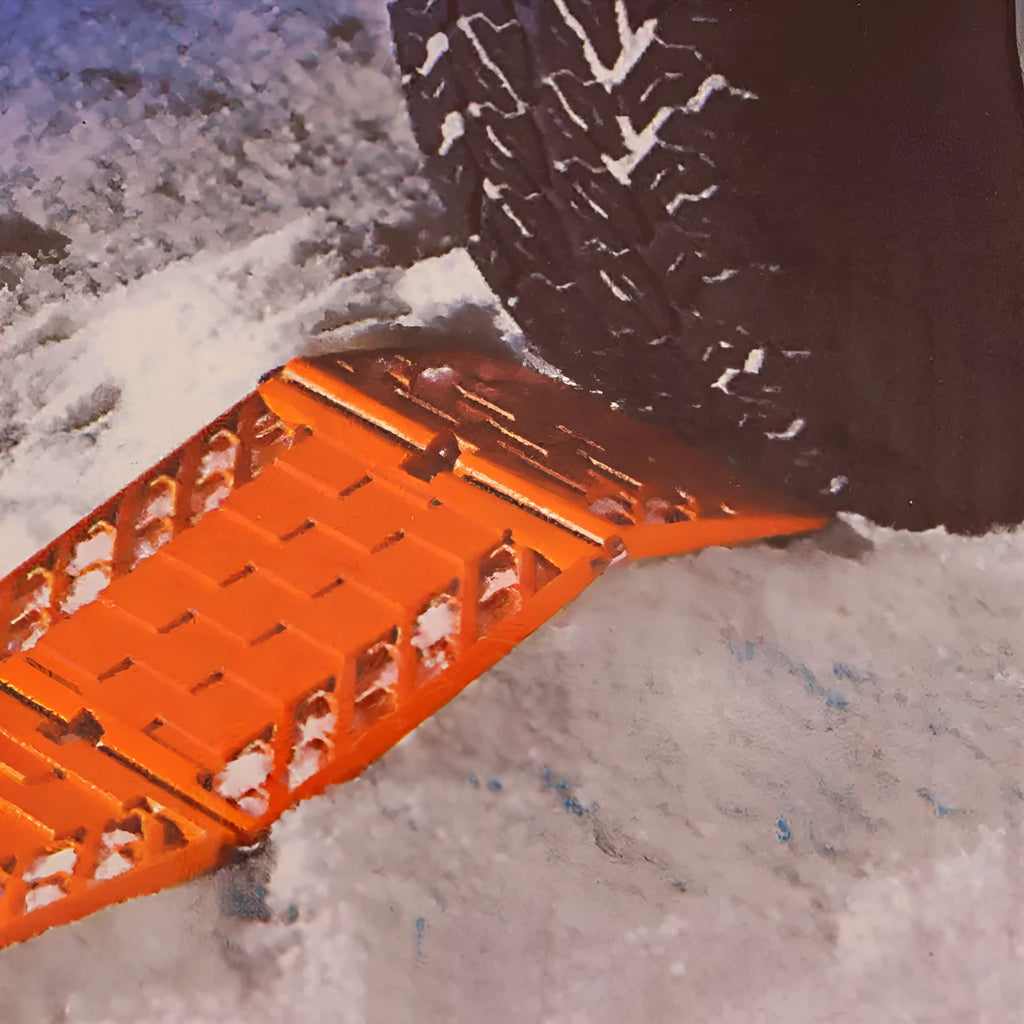 Folding anti slip mud snow rescue boards for automobiles in orange and red colours showing folded and unfolded positions