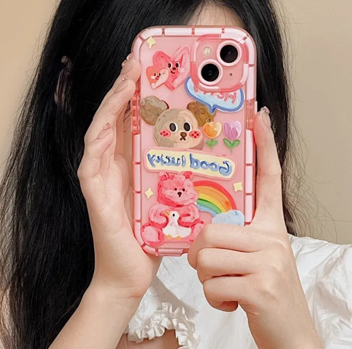 Cute oil painting dog phone case in pink with rainbow bear design for Apple iPhone