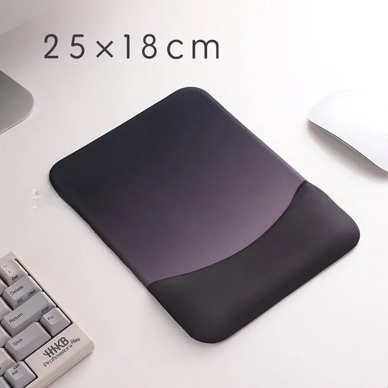 Square silica gel wrister mouse pad with cloth surface showing colour options including black, blue, pink and purple