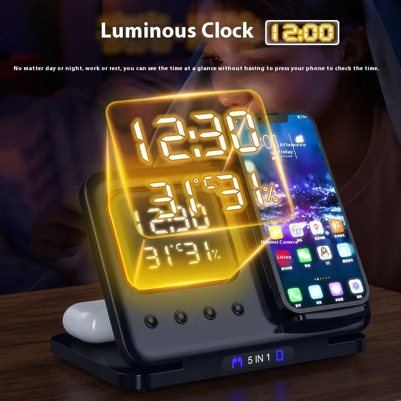 Black wireless charging station showing phone and watch charging with LED display showing time and temperature