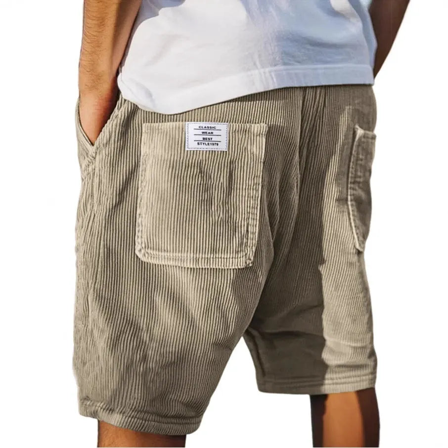Men's gray corduroy shorts with multiple pockets and embroidery detail on straight-leg summer design