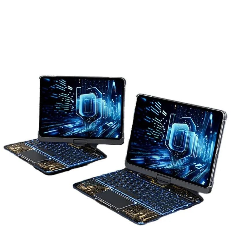 360 swivel keyboard clear case for iPad with transparent backplate and telescopic pen slot