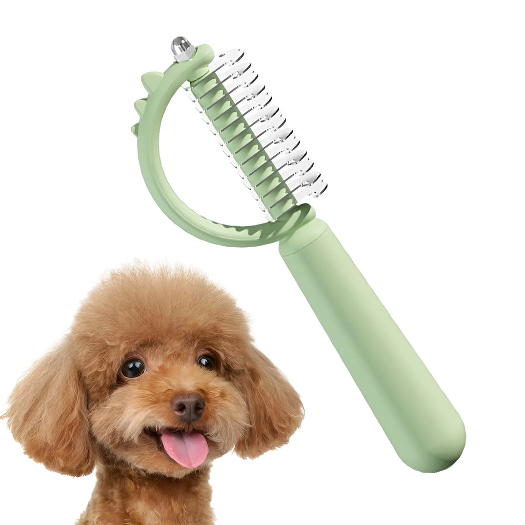 Dinosaur-shaped cat brush with stainless steel pins for self-cleaning pet grooming