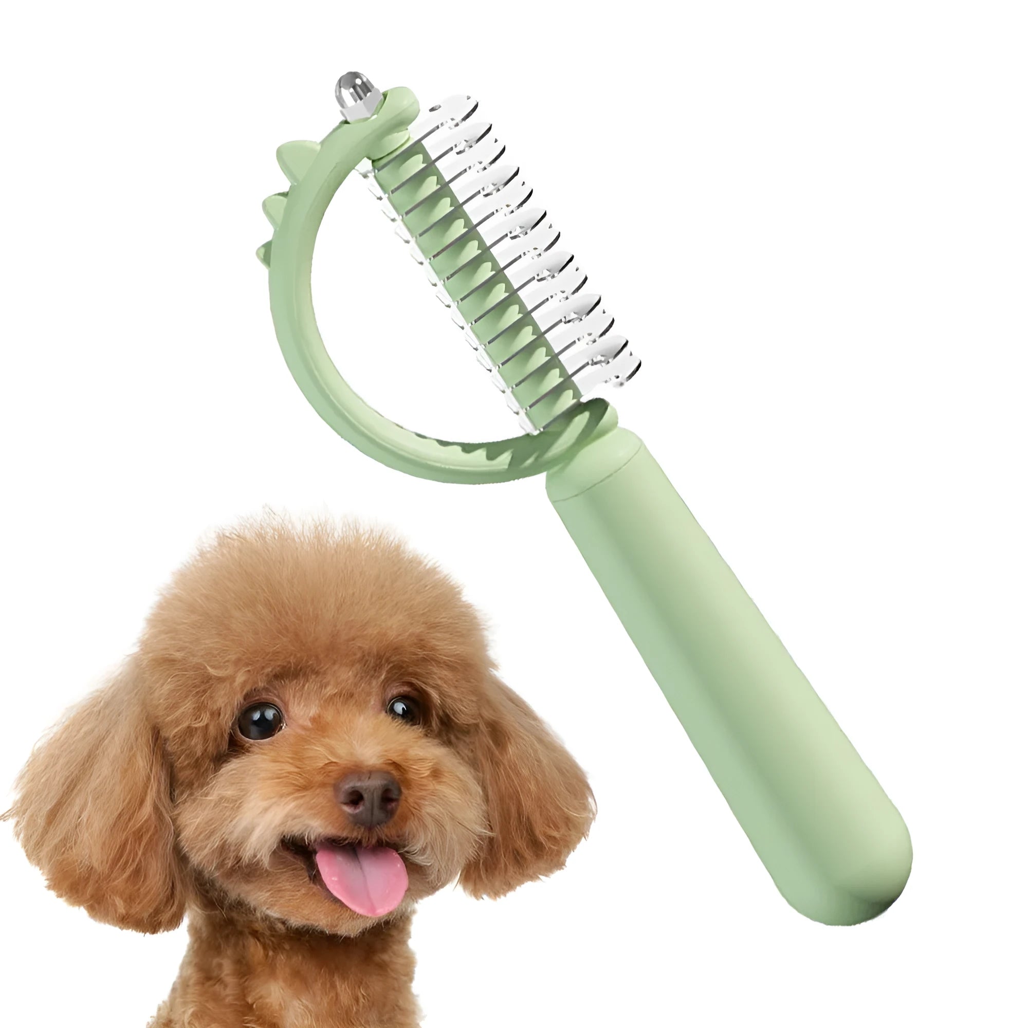 Dinosaur-shaped cat brush with stainless steel pins for self-cleaning pet grooming