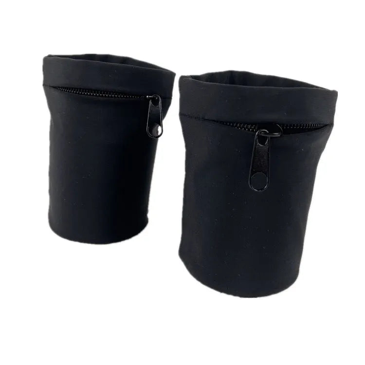 Black wrist bag armband sleeve for mobile phone storage, shown on a wrist.