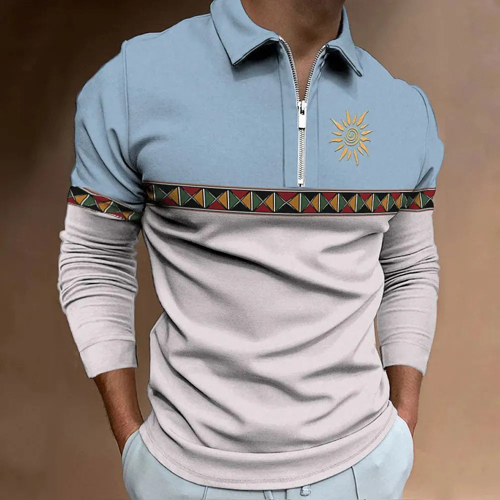 Men's long sleeve t-shirt with retro colour printing and striped zipper decoration on polyester bird eye cloth