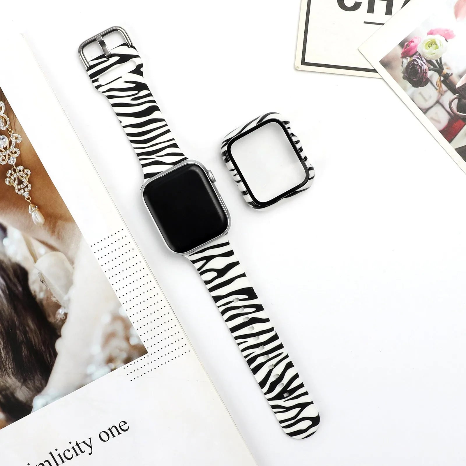 Printed silicone strap for Apple Watch showing design options and size variations