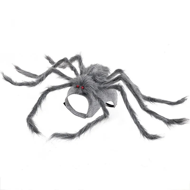 Grey spider Halloween costume on a dog showing the full outfit with multiple legs.
