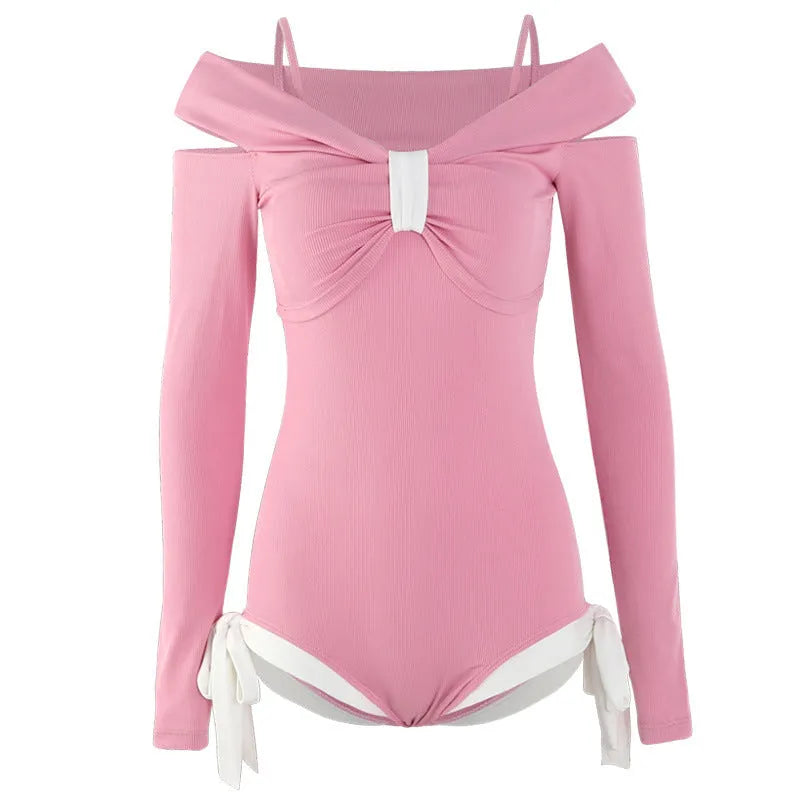 Women's long sleeve one-piece swimsuit in pink or black polyester fabric with Asian sizing