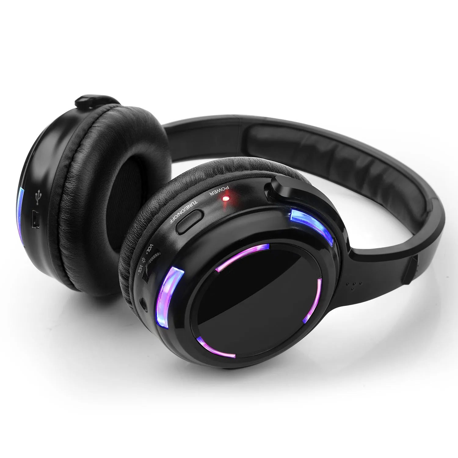Black silent disco wireless headphones with over-ear design and 3.5mm audio jack on 3 metre cable