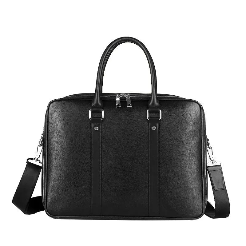 Men's black genuine cowhide leather handbag with double zipper, 14 inch, for business travel