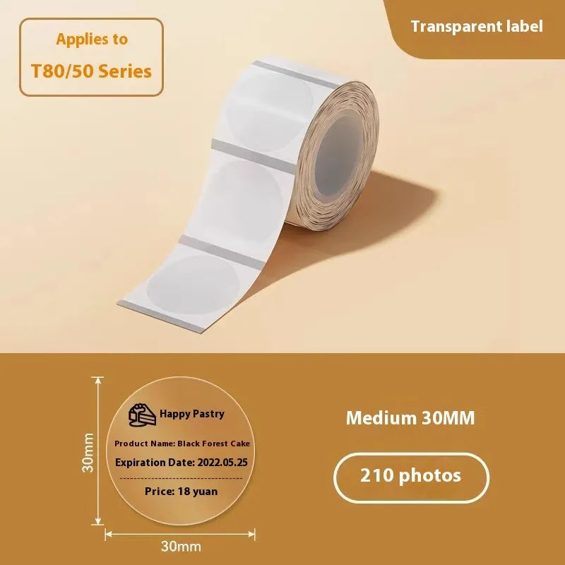 Transparent waterproof adhesive labels in multiple sizes including rectangular and circular formats