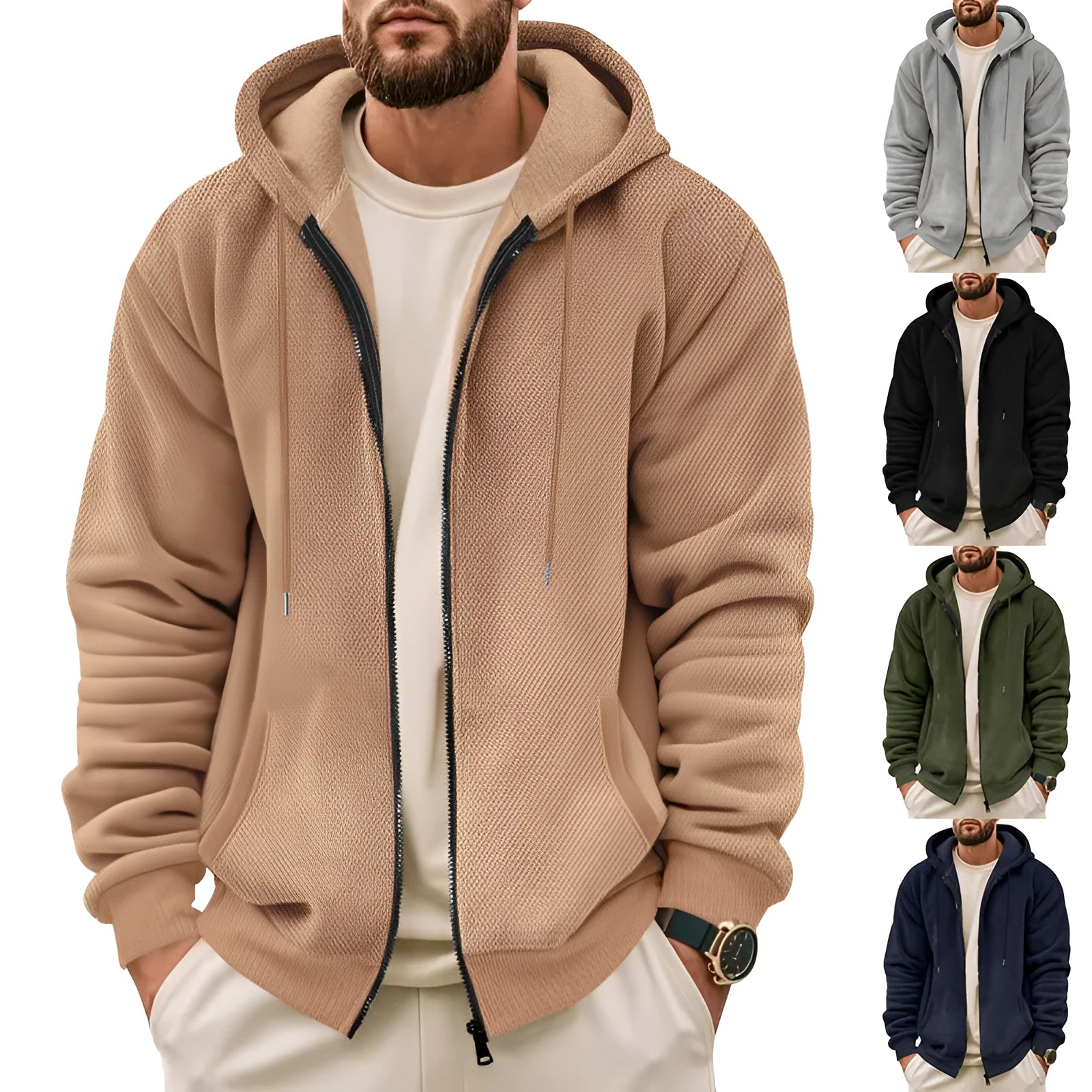 Men's fleece lined zippered hooded sweatshirt cardigan in military green on a model, front view, long sleeves, zip front