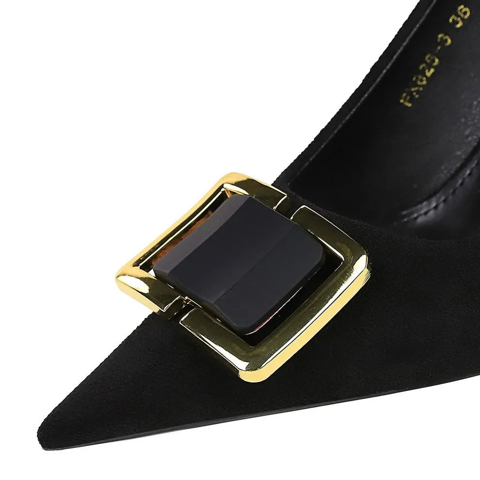 Black suede women's high heels with 9cm stiletto heel and pointed toe design on rubber sole