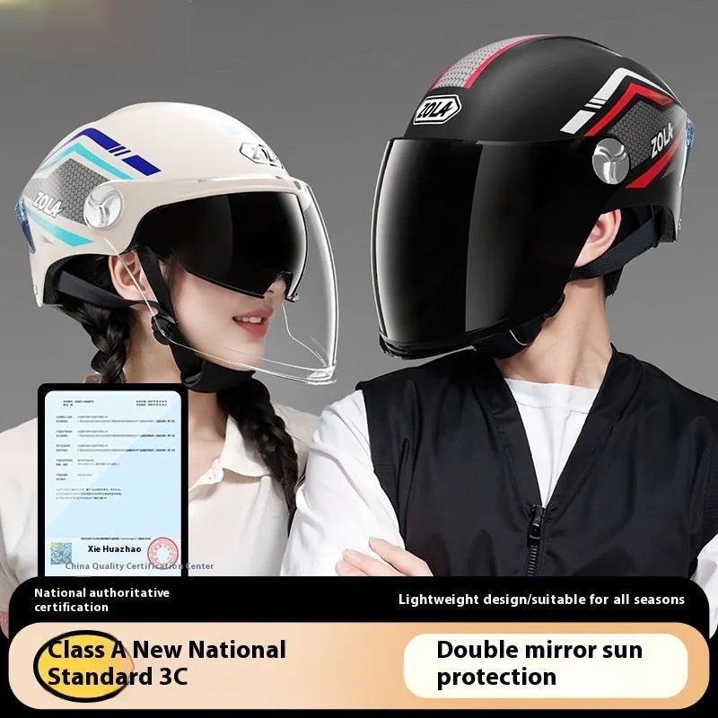 Universal 3C motorcycle half helmet with double mirror visor in light brown colour