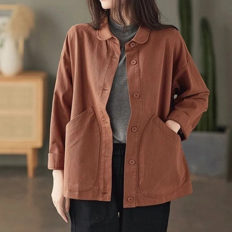 Retro cotton twill loose top with large pocket in khaki, women's casual commute style