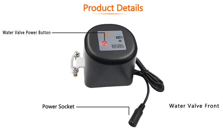 Smart wireless water shut-off valve with Zigbee, ABS fire-retardant housing, for leak detection and remote control