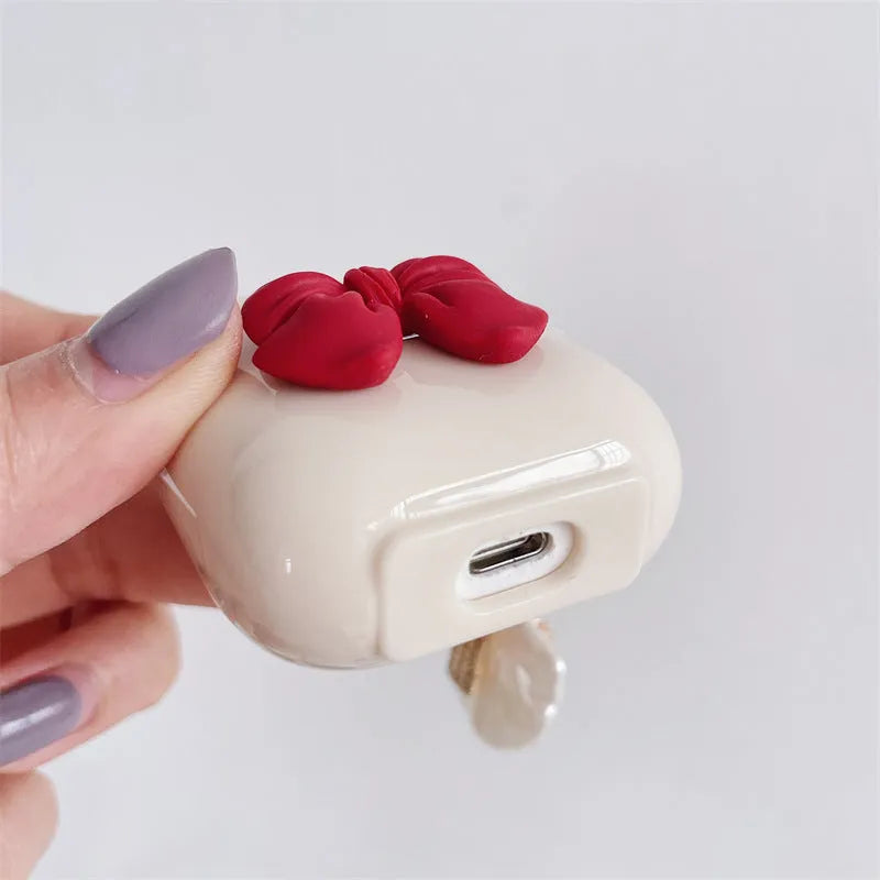 Beige red bow shell design TPU protective case for Apple AirPods Pro wireless earphones