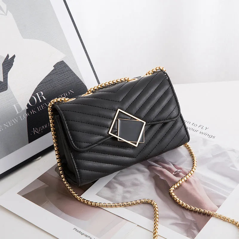 Small PU crossbody bag with chain, sequins and diamond plaid, black square buckle, front view