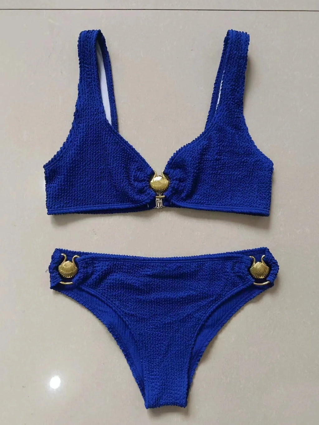Women's sapphire blue solid colour snake cloth bikini set with bra top and briefs bottom for swimming and wading