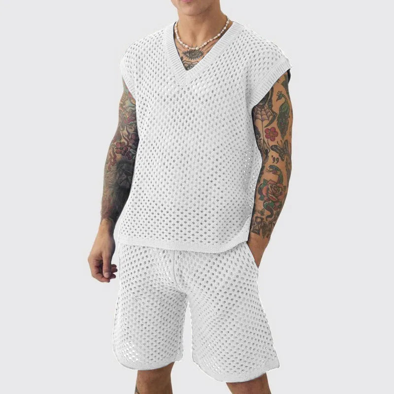 Men's blue knitted V-neck vest and matching shorts suit for summer sports