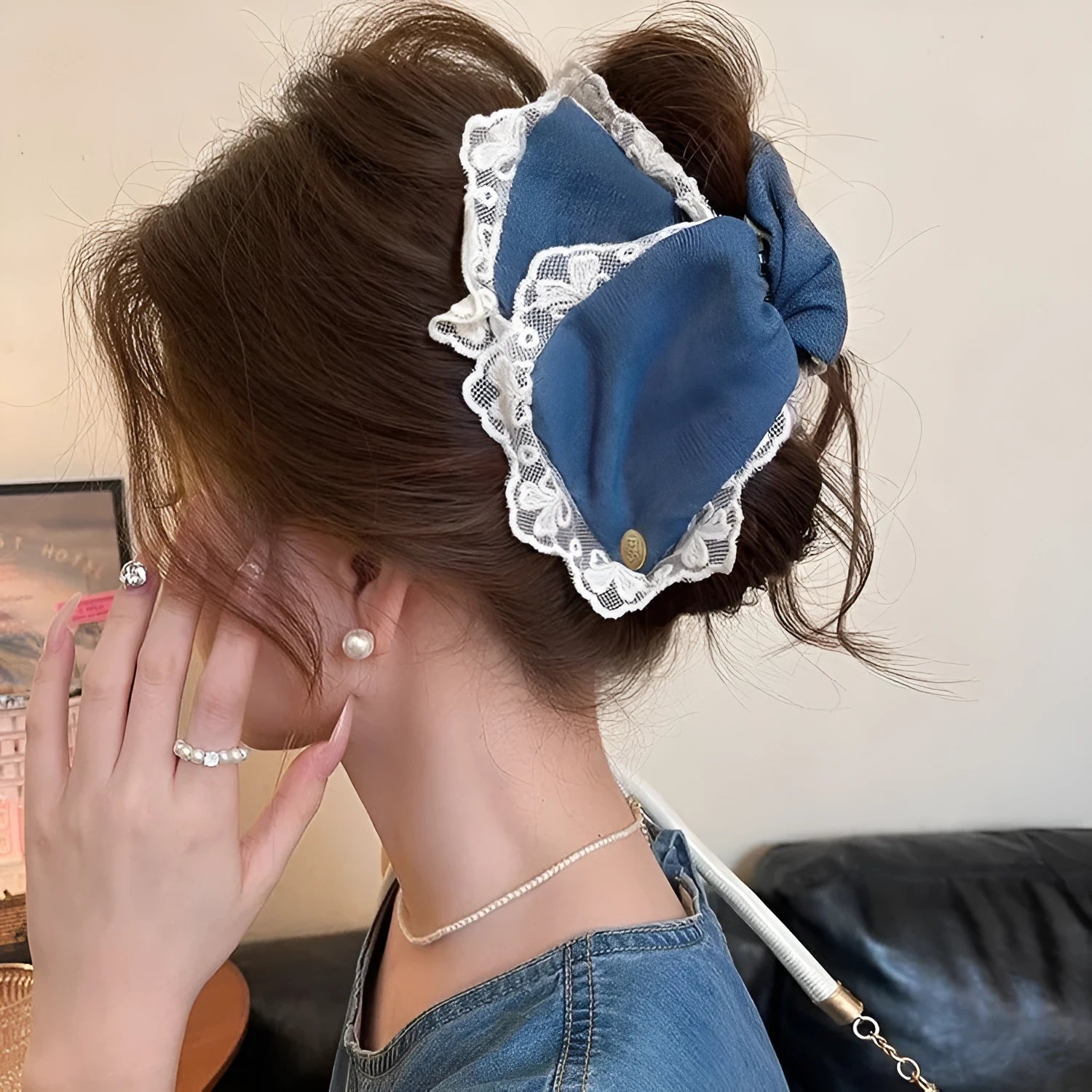 Love Denim Bow Triangle Grip Hair Clip handmade fabric acrylic women's hairpin