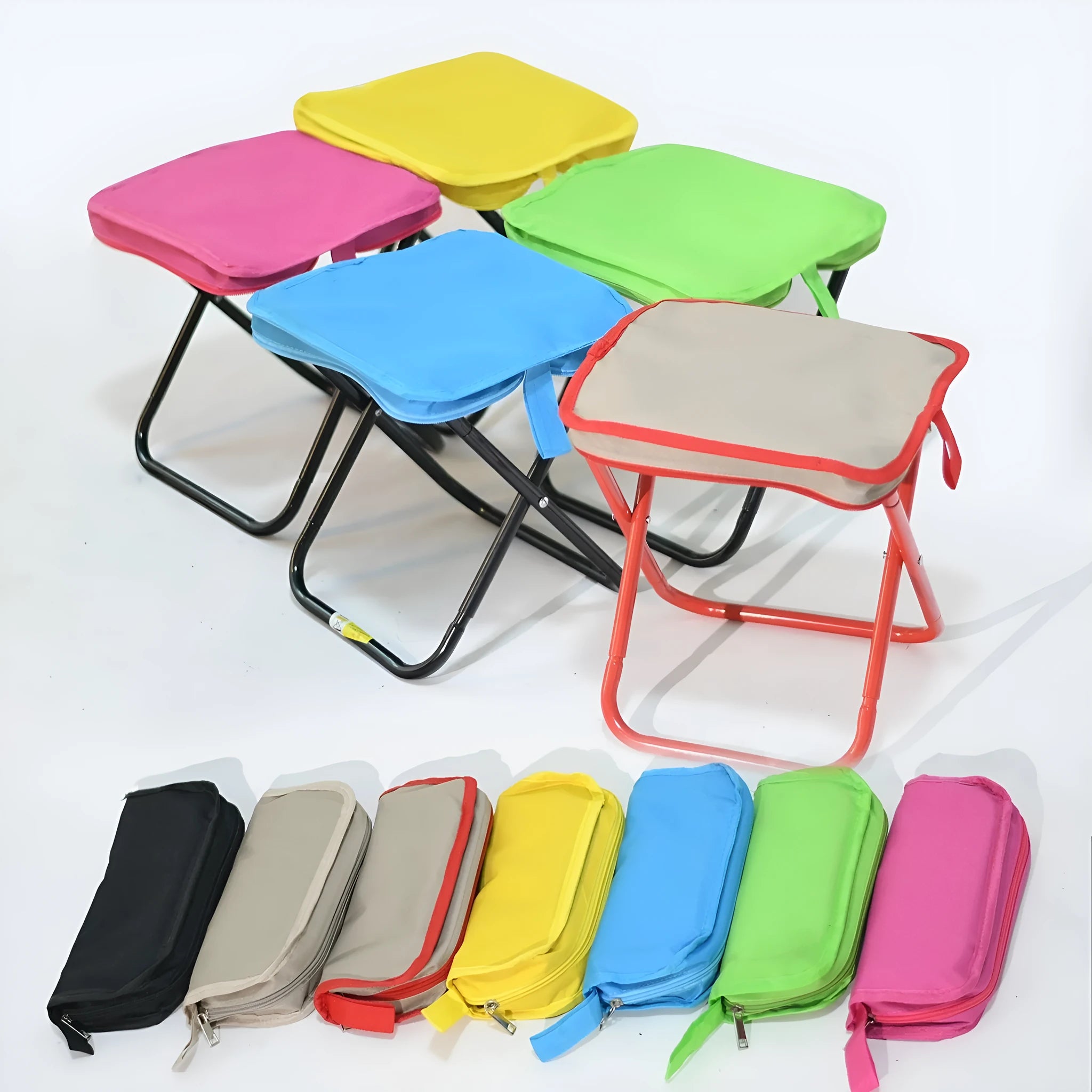 Lightweight foldable camp chair stool in Oxford fabric shown in a khaki colour.