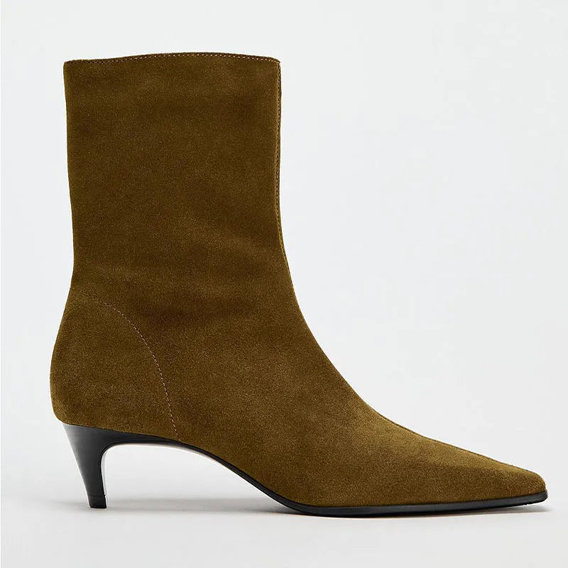 Brown square toe ankle boots with side zipper and kitten heels on waterproof platform sole
