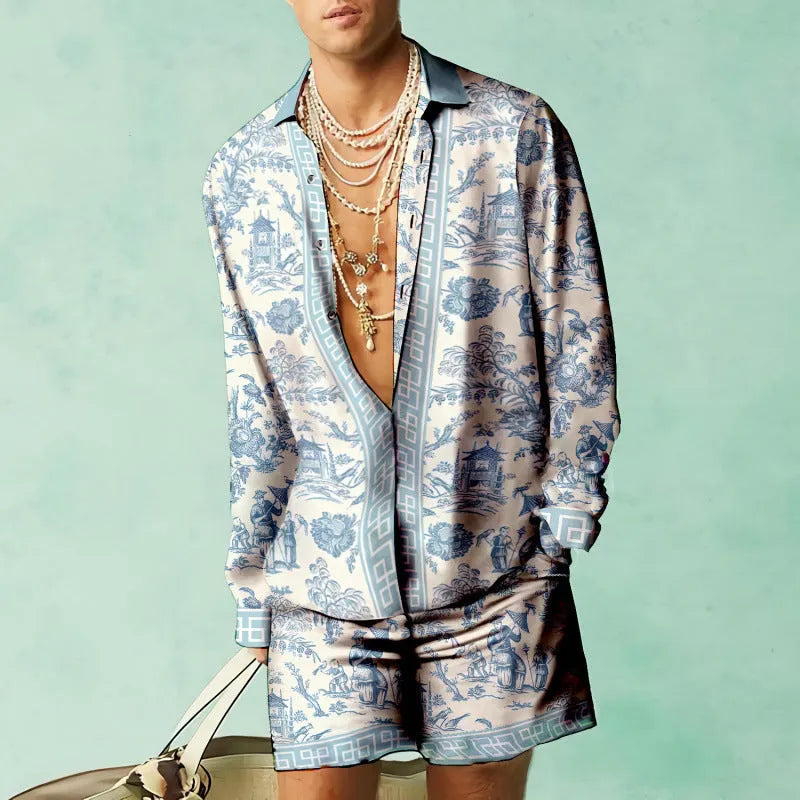Men's slim fit summer shirt and shorts set in matching colours