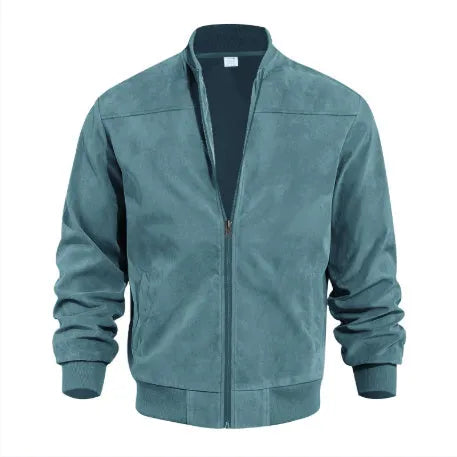 Men's plus size casual jacket in suede fabric, shown in Army Green colour with a front zipper.