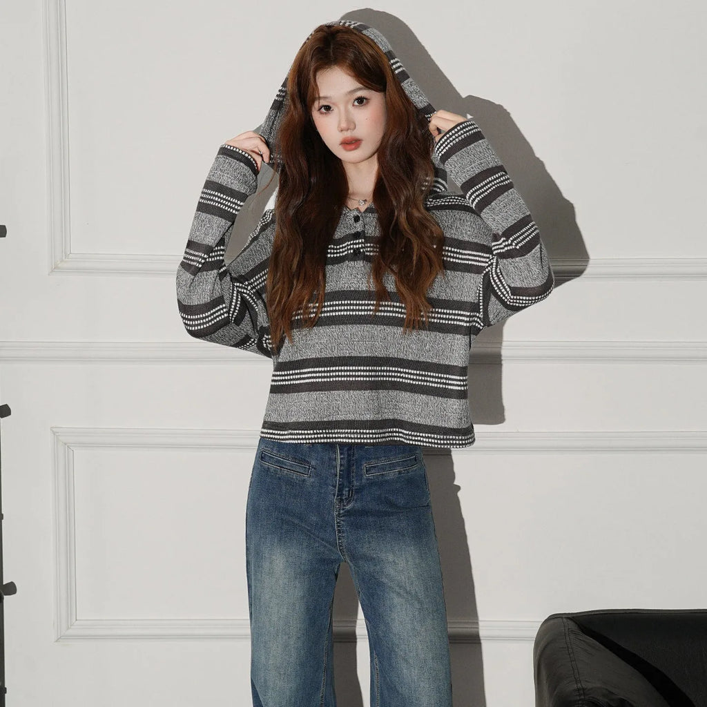 Striped button hooded long sleeve knitwear in dark coffee colour, loose fit pullover style, short length 40cm