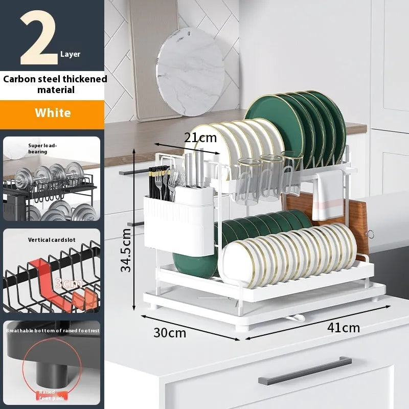 White double-layer kitchen storage rack with removable draining components on carbon steel frame