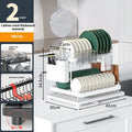 White double-layer kitchen storage rack with removable draining components on carbon steel frame